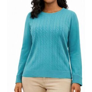 Talbots turquoise cableknit Lambswool button cuff crewneck sweater M
